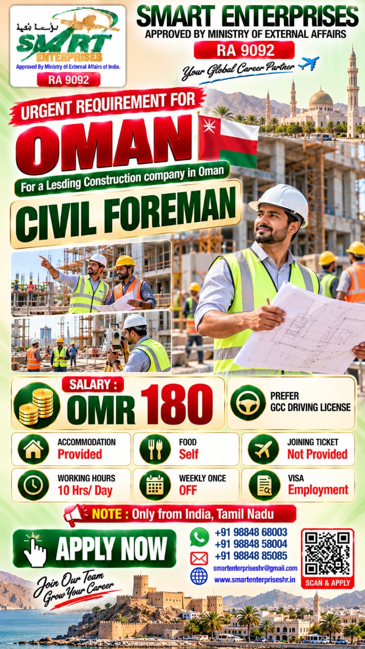 CIVIL FOREMAN — smartenterpriseshr@gmail.com, OMAN