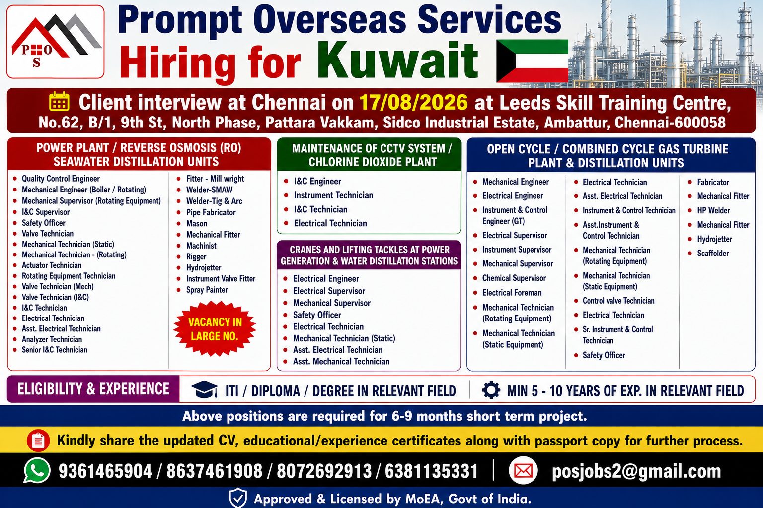HIRING FOR POWER PLANT, RO PLANT, WATER DISTILLATION PLANT — PROMPT OVERSEAS SERVICES, KUWAIT, KUWAIT