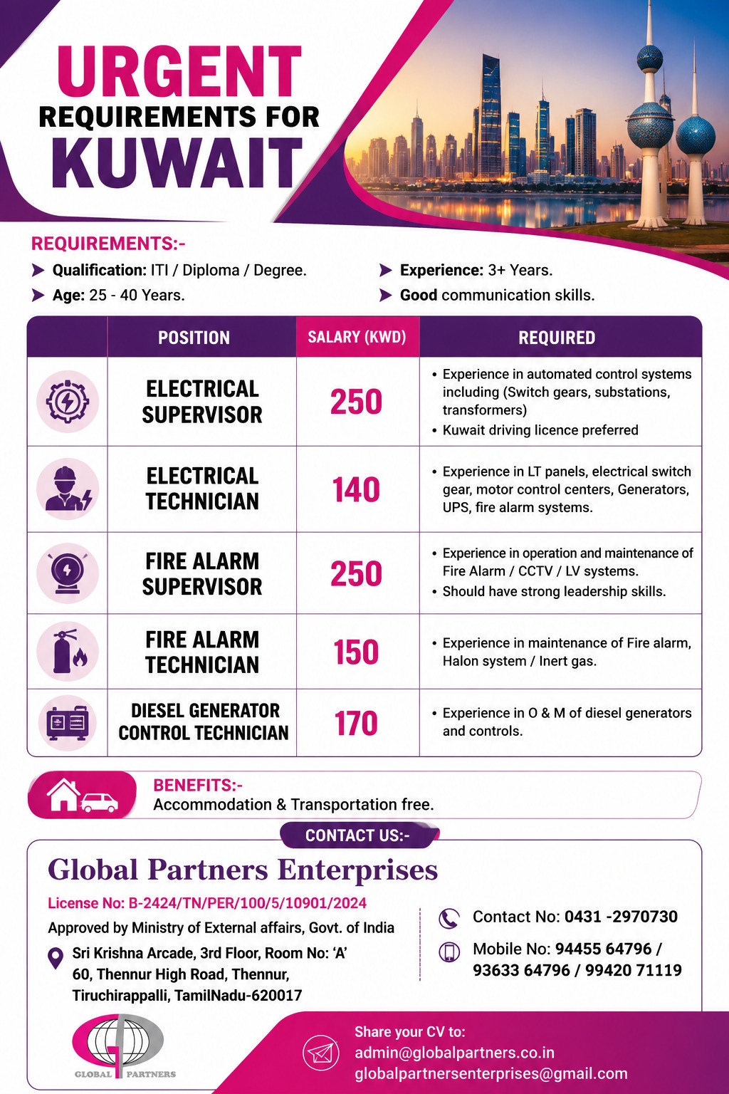 Urgent Requirements for Kuwait — Global Partners Enterprises, Kuwait, Kuwait
