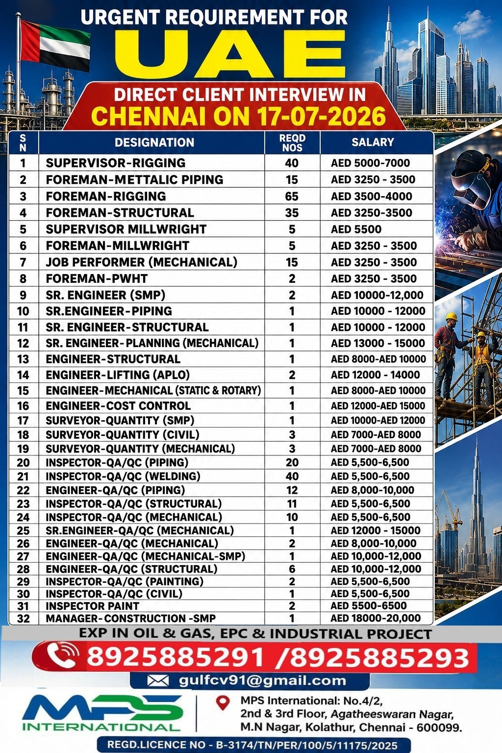 Urgent Requirement for UAE - Oil & Gas, EPC & Industrial Project Direct Client Interview in Chennai on 17-07-2026 — MPS INTERNATIONAL, UAE, UAE