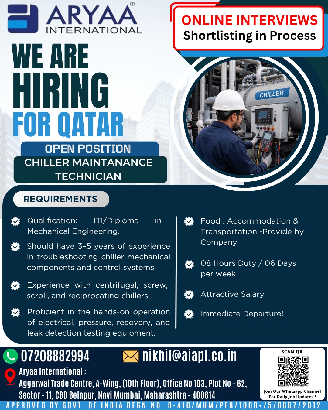 Chiller Maintenance Technician — Aryaa International, Qatar
