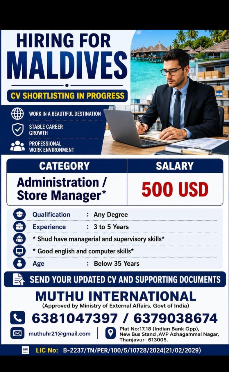 Administrative store Manager — MUTHU INTERNATIONAL, Maldives