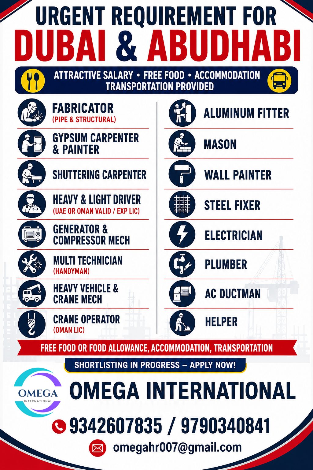 HIRING FOR DUBAI & ABUDHABI — OMEGA INTERNATIONAL HR SOLUTIONS, DUBAI,ABU DHABI, DUBAI,ABU DHABI