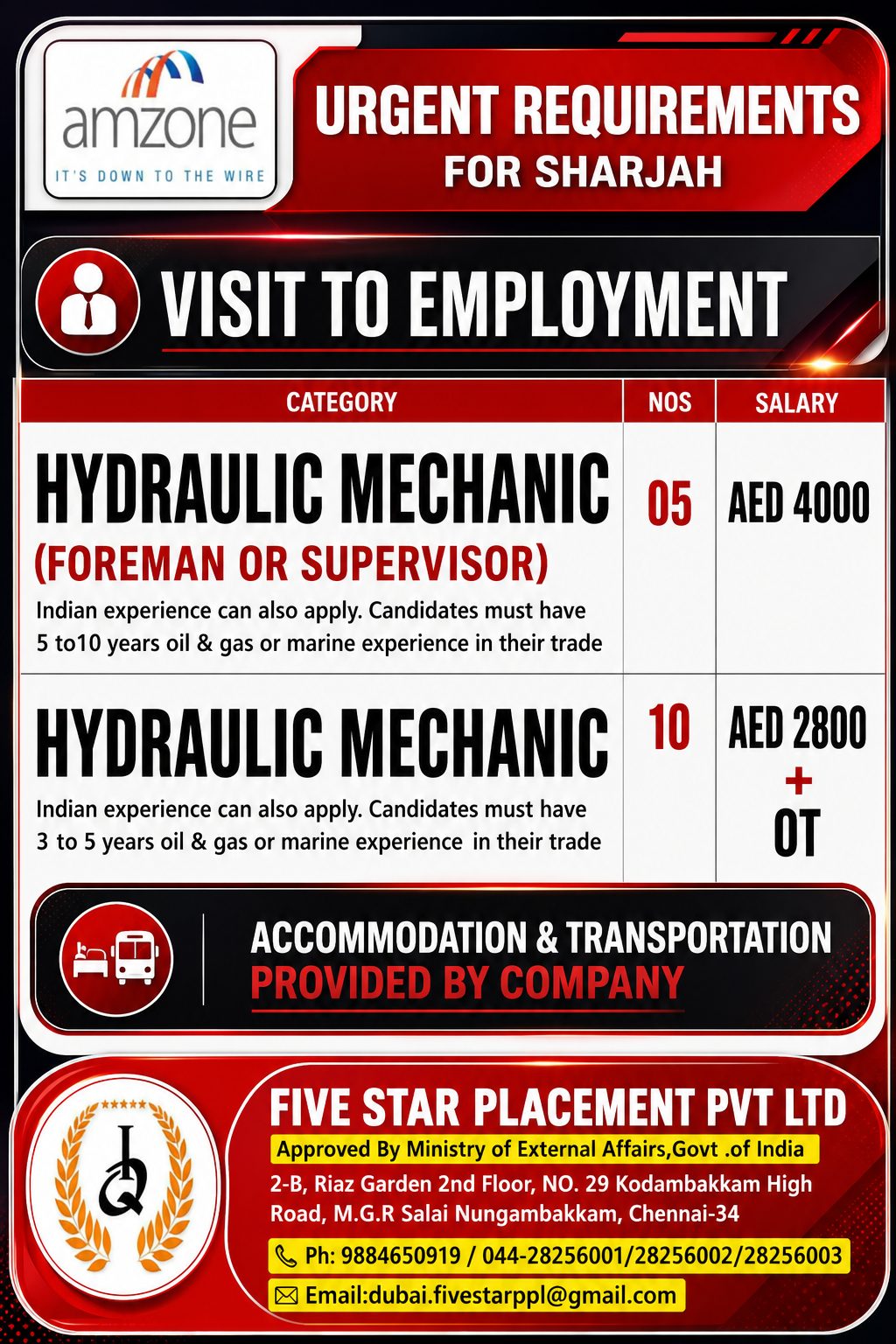 Visit to Employment - HYDRAULIC MECHANIC — Five Star Placement Pvt Ltd, DUBAI, DUBAI