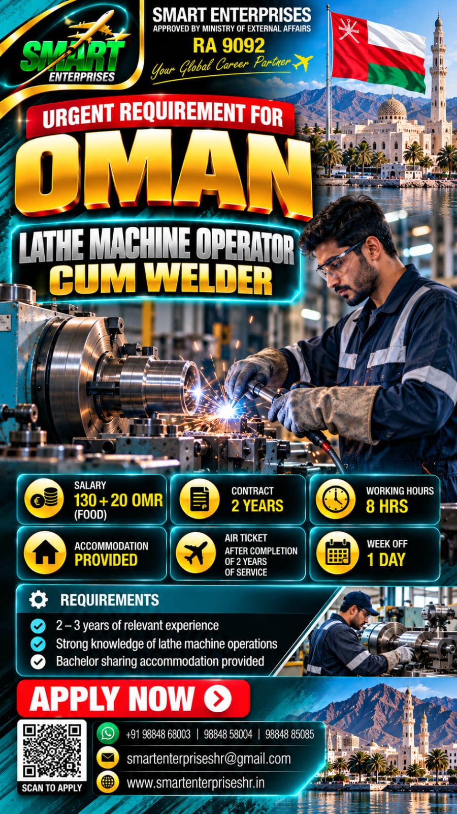 LATHE MACHINE OPERATOR CUM WELDER — smartenterpriseshr@gmail.com, OMAN