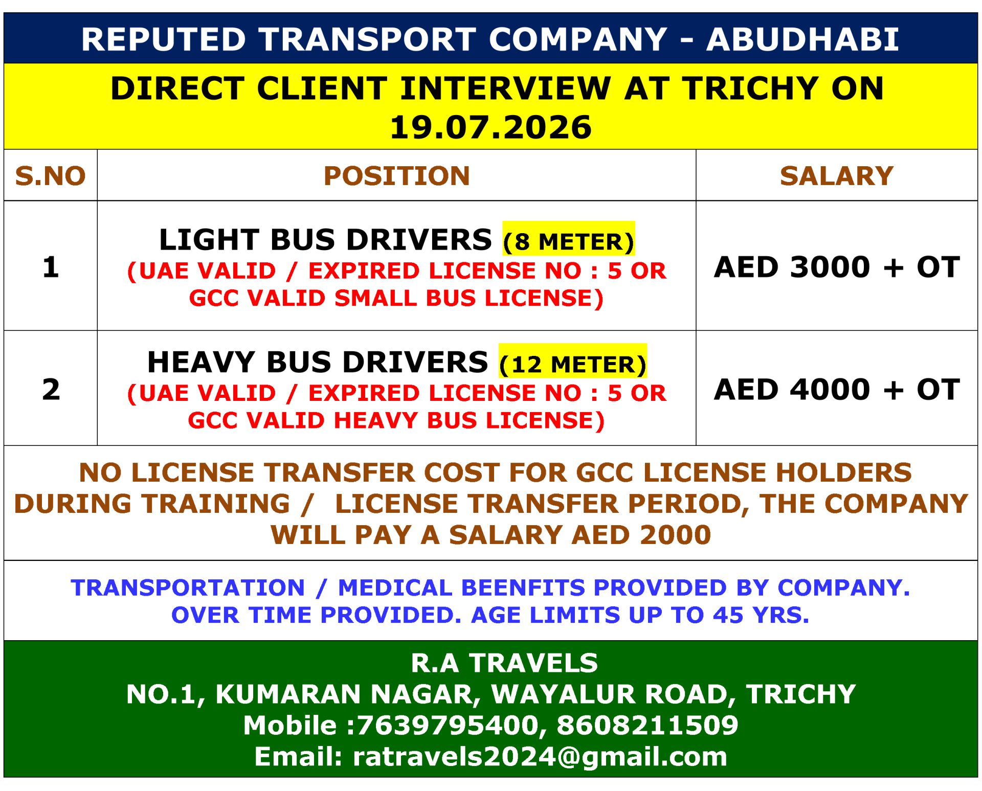 REQUIREMENT FOR DRIVER — R.A Travels, DUBAI, DUBAI