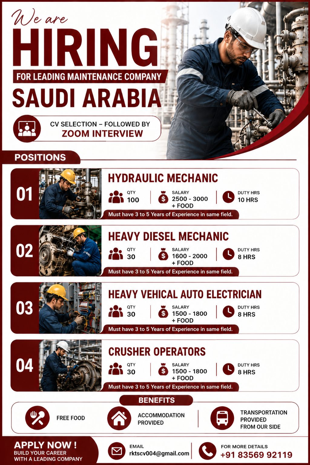 Maintenance Company Recruitment - Saudi Arabia