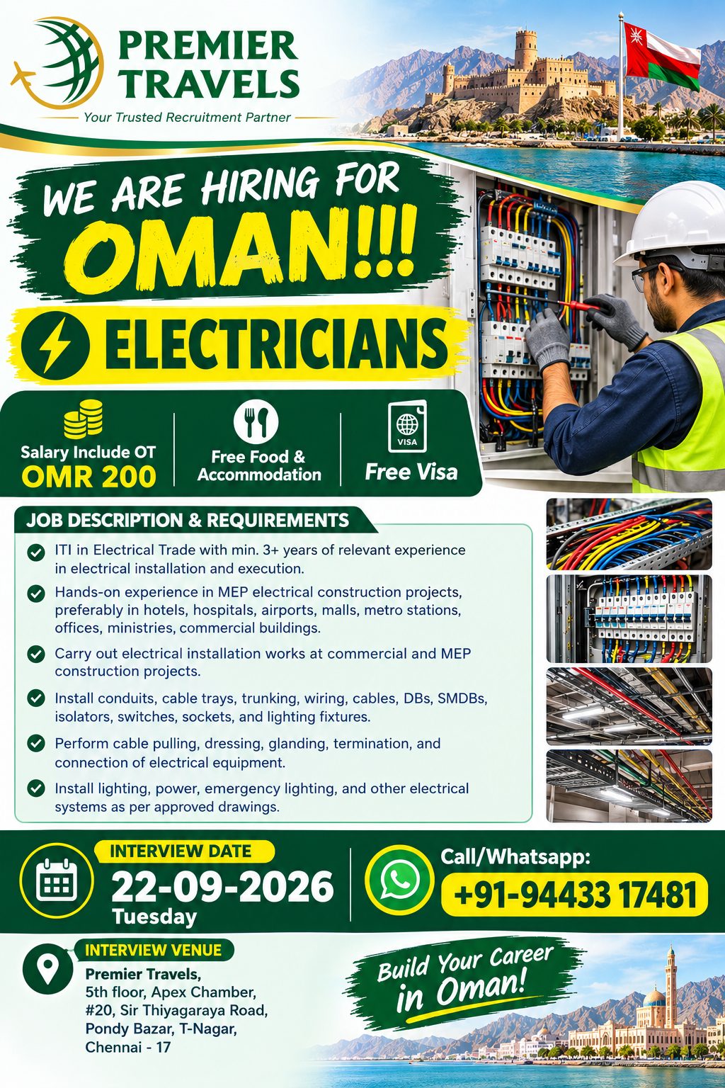 Hiring for Oman Electricians — Premier Travels, OMAN