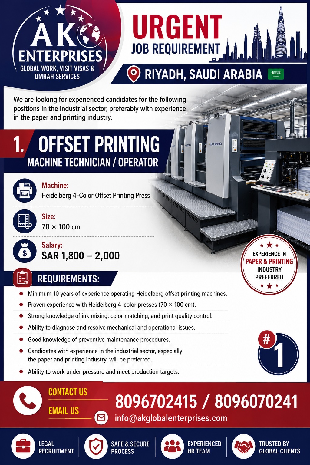 URGENT JOB REQUIREMENT – RIYADH, SAUDI ARABIA-OFFSET PRINTING MACHINE TECHNICIAN / OPERATOR — AK ENTERPRISES, Saudi Arabia, Saudi Arabia