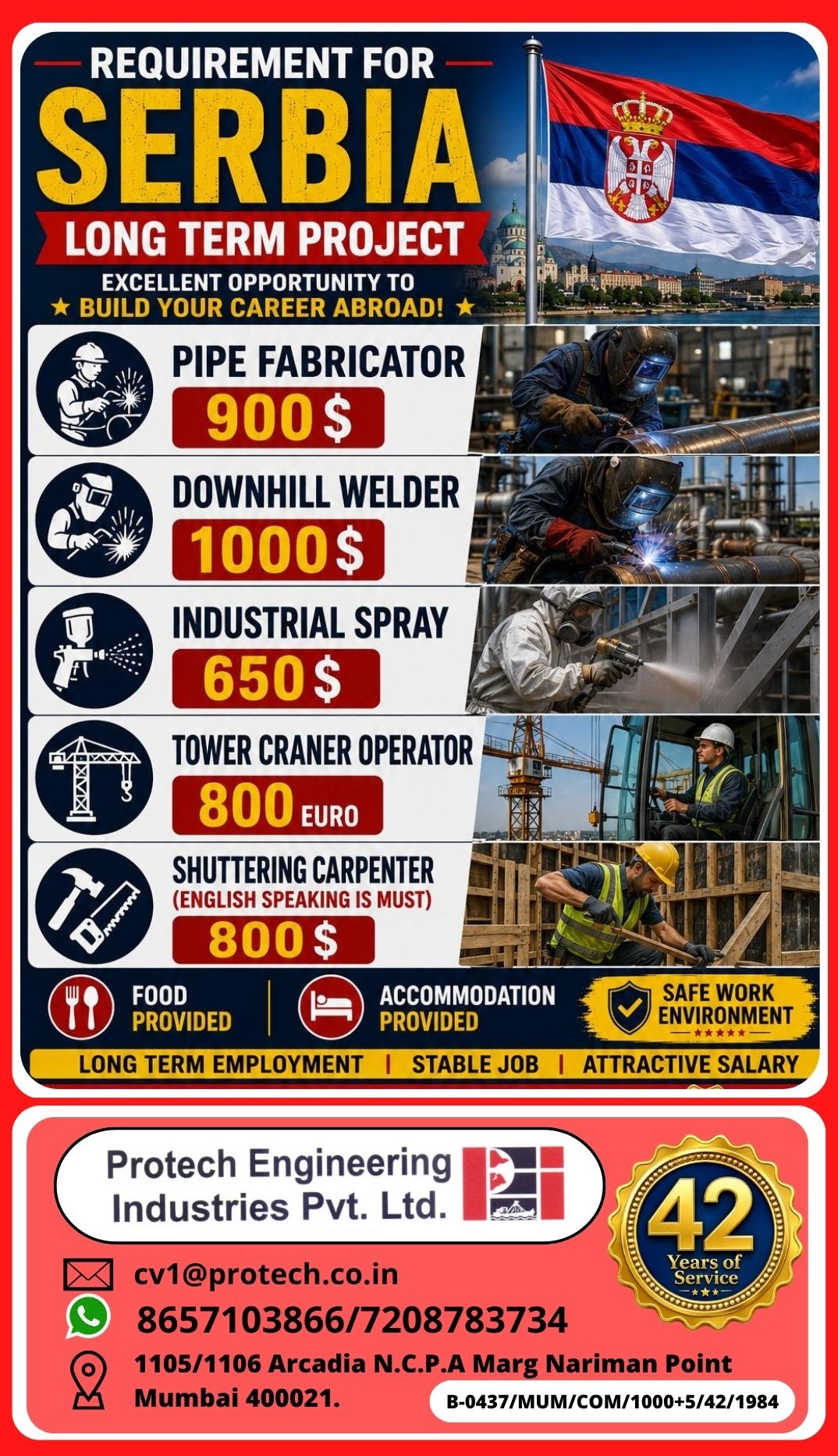 Opening for Serbia Long Term project — Protech Engineering Industries Pvt Ltd, Serbia