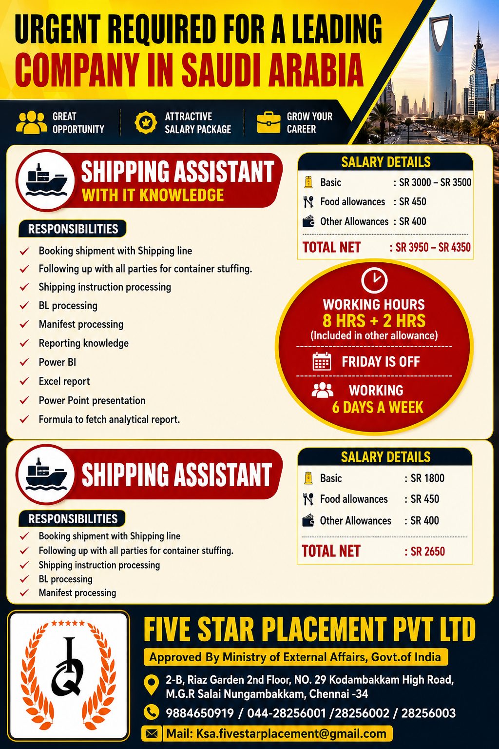 URGENT REQUIRED FOR A LEADING COMPANY IN SAUDI ARABIA - SHIPPING ASST — Five Star Placement Pvt Ltd, SAUDI ARABIA, SAUDI ARABIA