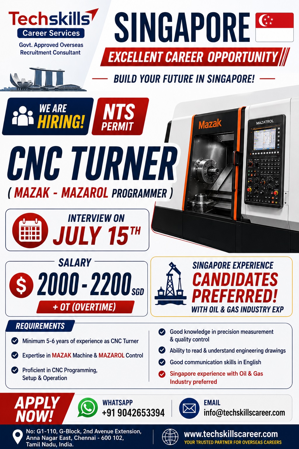 Singapore- CNC Turner (Mazak - Mazarol Programmer) — TECHSKILLS CAREER SERVICES, Singapore, Singapore