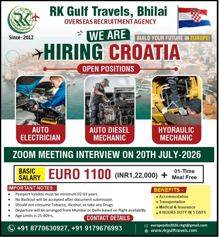 HIRING FOR A LEADING COMPANY – CROATIA (EUROPE) — RK GULF TRAVELS,BHILAI, CROATIA