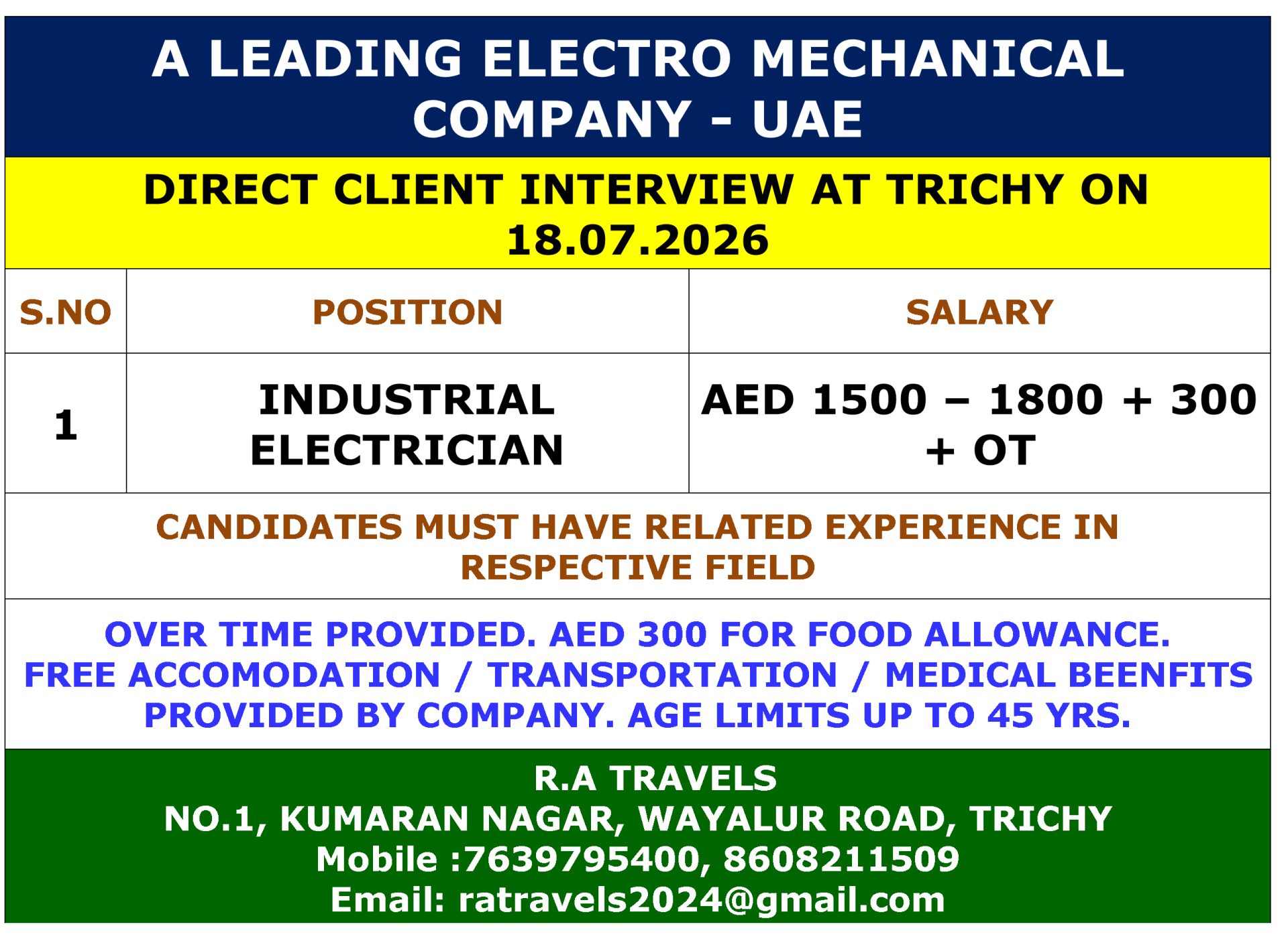 INDUSTRIAL ELECTRICIAN — R.A Travels, DUBAI, DUBAI