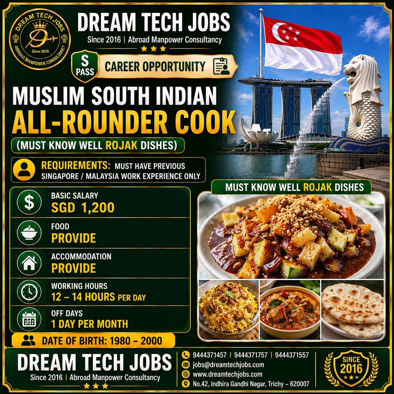 Muslim South Indian All-Rounder Cook — Dream Tech Jobs - Trichy, Singapore, Singapore