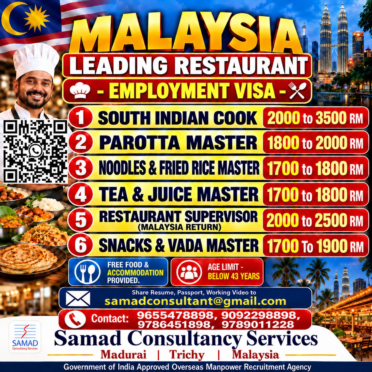 MALAYSIA - LEADING RESTAURANT, EMPLOYMENT VISA.  DIRECT SELECTION. — Samad Consultancy Services, India