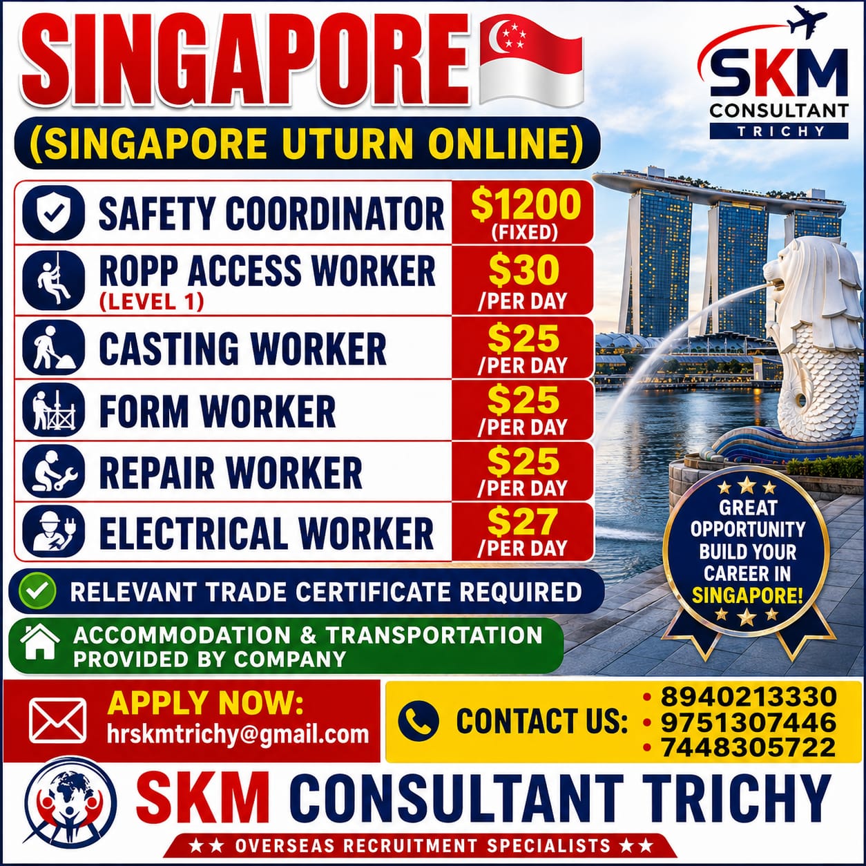 URGENT REQUIREMENT - SINGAPORE — SKM CONSULTANT, SINGAPORE, SINGAPORE