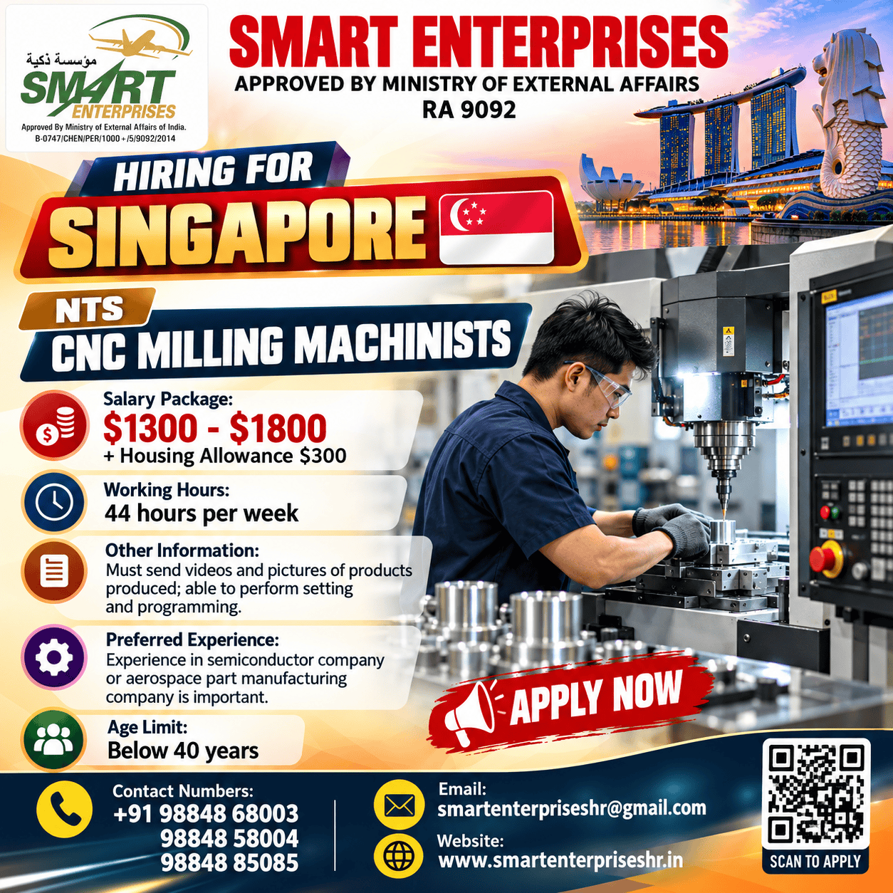 CNC MILLING MACHINISTS — smartenterpriseshr@gmail.com, SINGAPORE, SINGAPORE