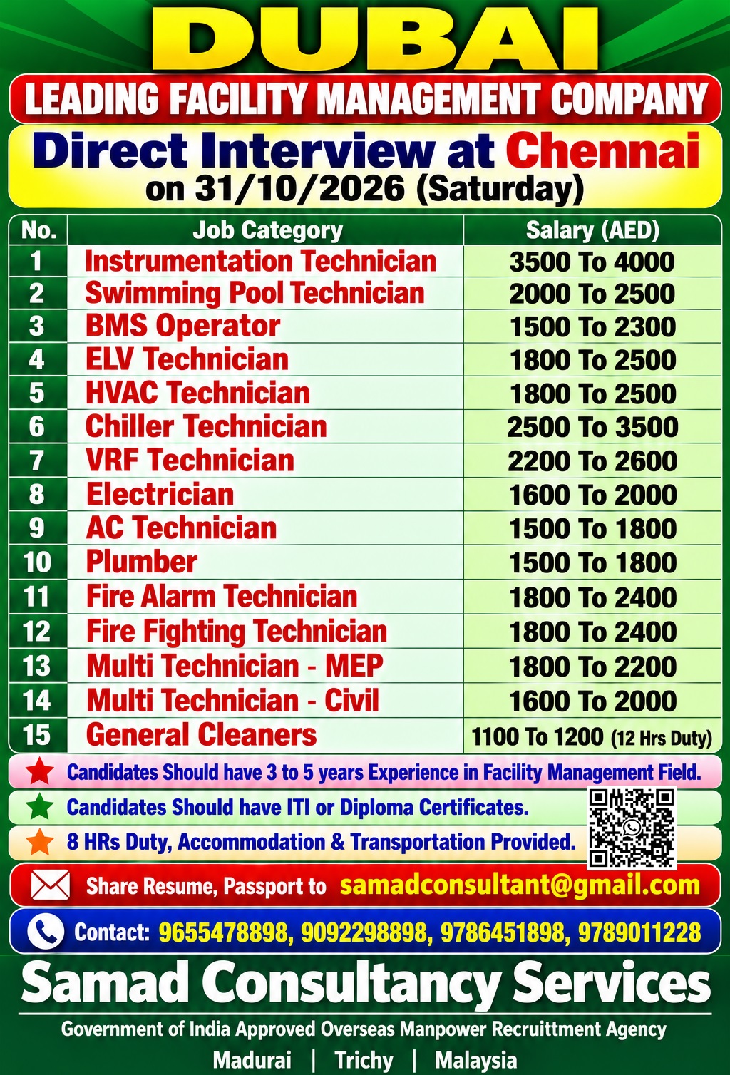 Leading Facility Management Company - Dubai , Direct Interview at Chennai on 31/10/2026 (Saturday) — Samad Consultancy Services, DUBAI