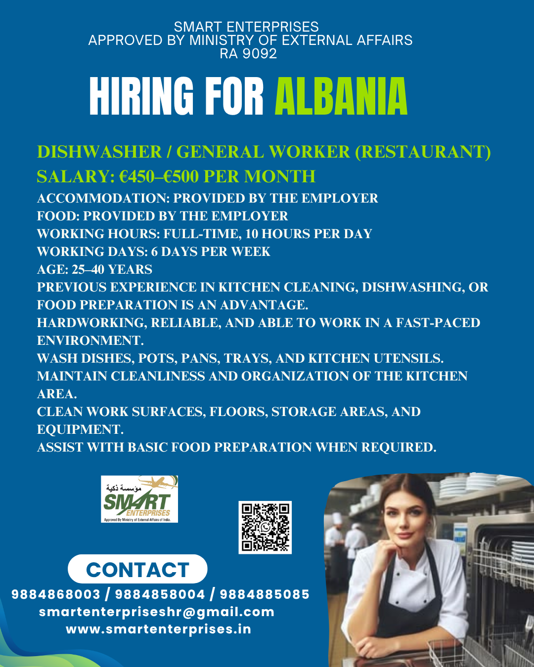 Dishwasher / General Worker (Restaurant) — smartenterpriseshr@gmail.com, SAUDI ARABIA, SAUDI ARABIA