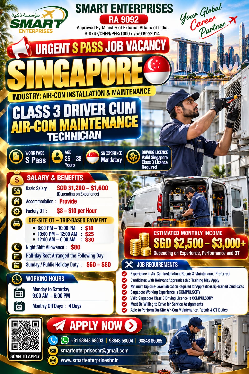 Class 3 Driver cum Air-Con Maintenance Technician — smartenterpriseshr@gmail.com, SINGAPORE