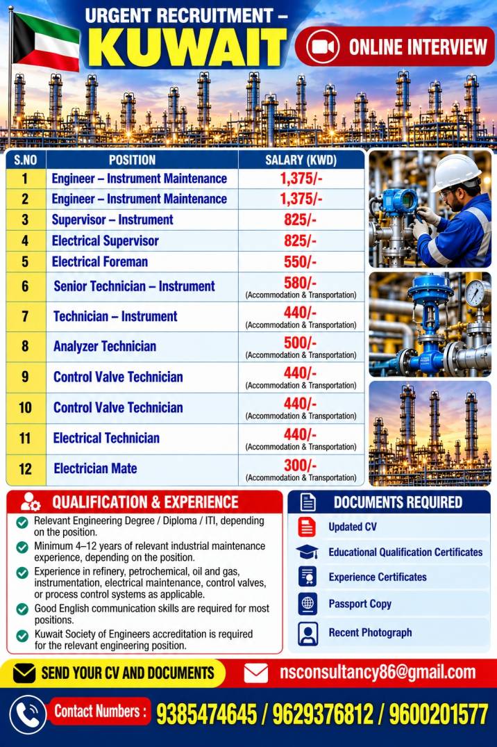 Urgent requirement for engineering company.co — nsconsultancy, KUWAIT, KUWAIT