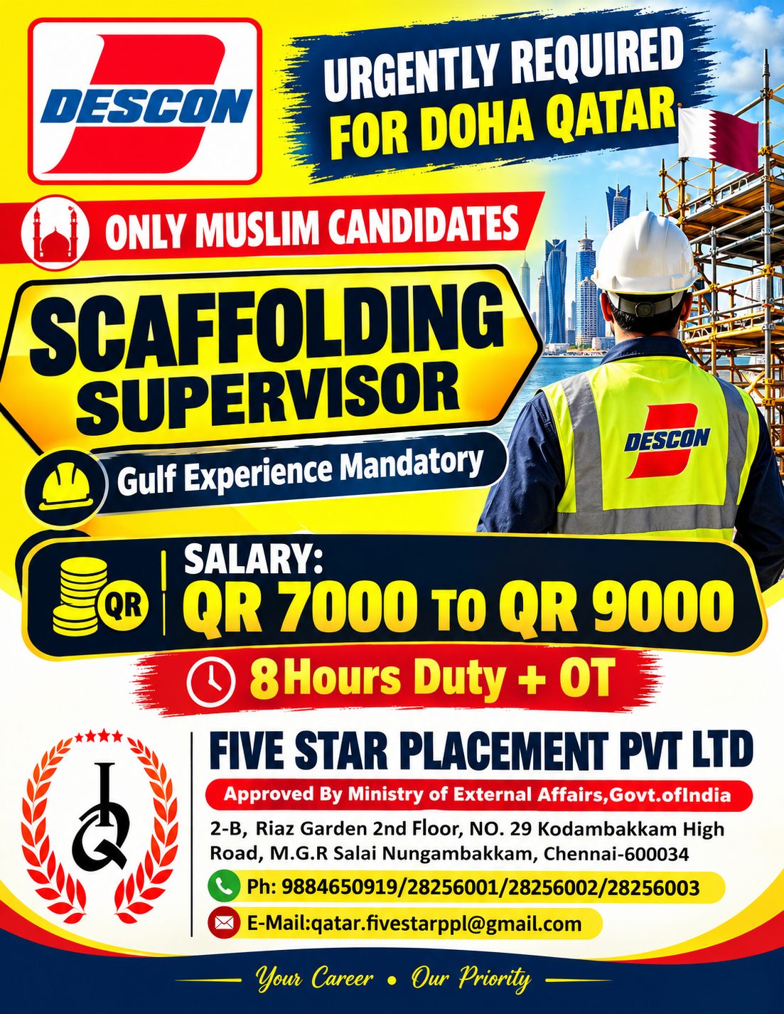 URGENTLY REQUIRED FOR DOHA QATAR — Five Star Placement Pvt Ltd, DOHA QATAR, DOHA QATAR