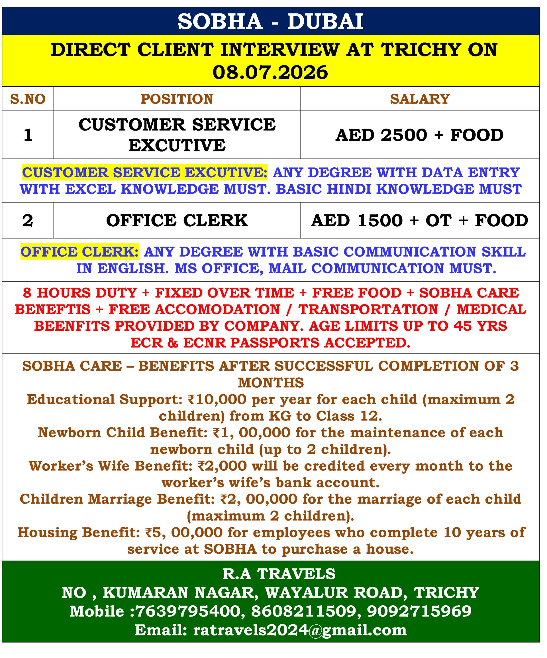 CUSTOMER SERVICE EXCUTIVE / OFFICE CLERK — R.A Travels, DUBAI, DUBAI