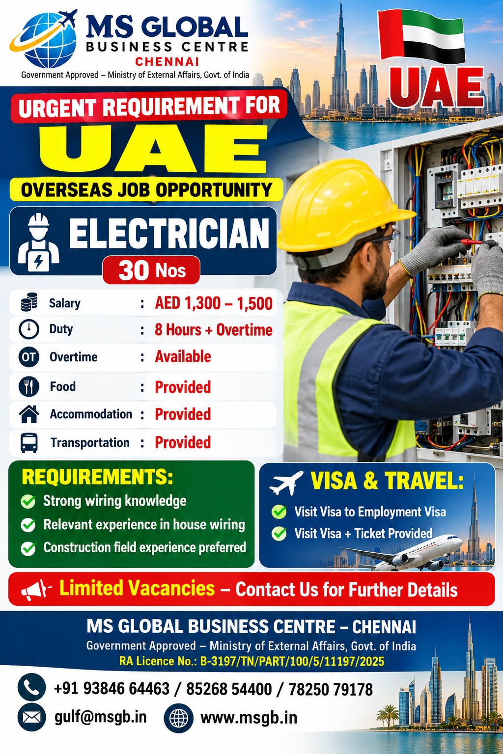 Electrician — MS GLOBAL BUSINESS CENTRE, UAE