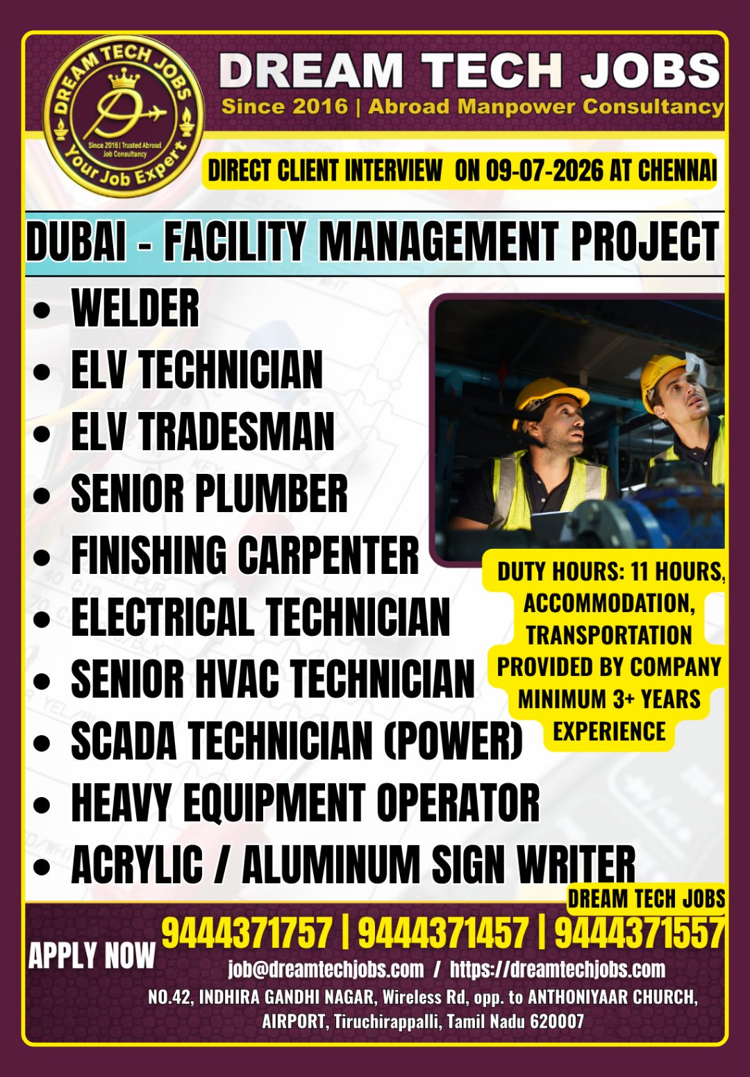 Dubai - Facility Management Project — Dream Tech Jobs - Trichy, United Arab Emirates, United Arab Emirates