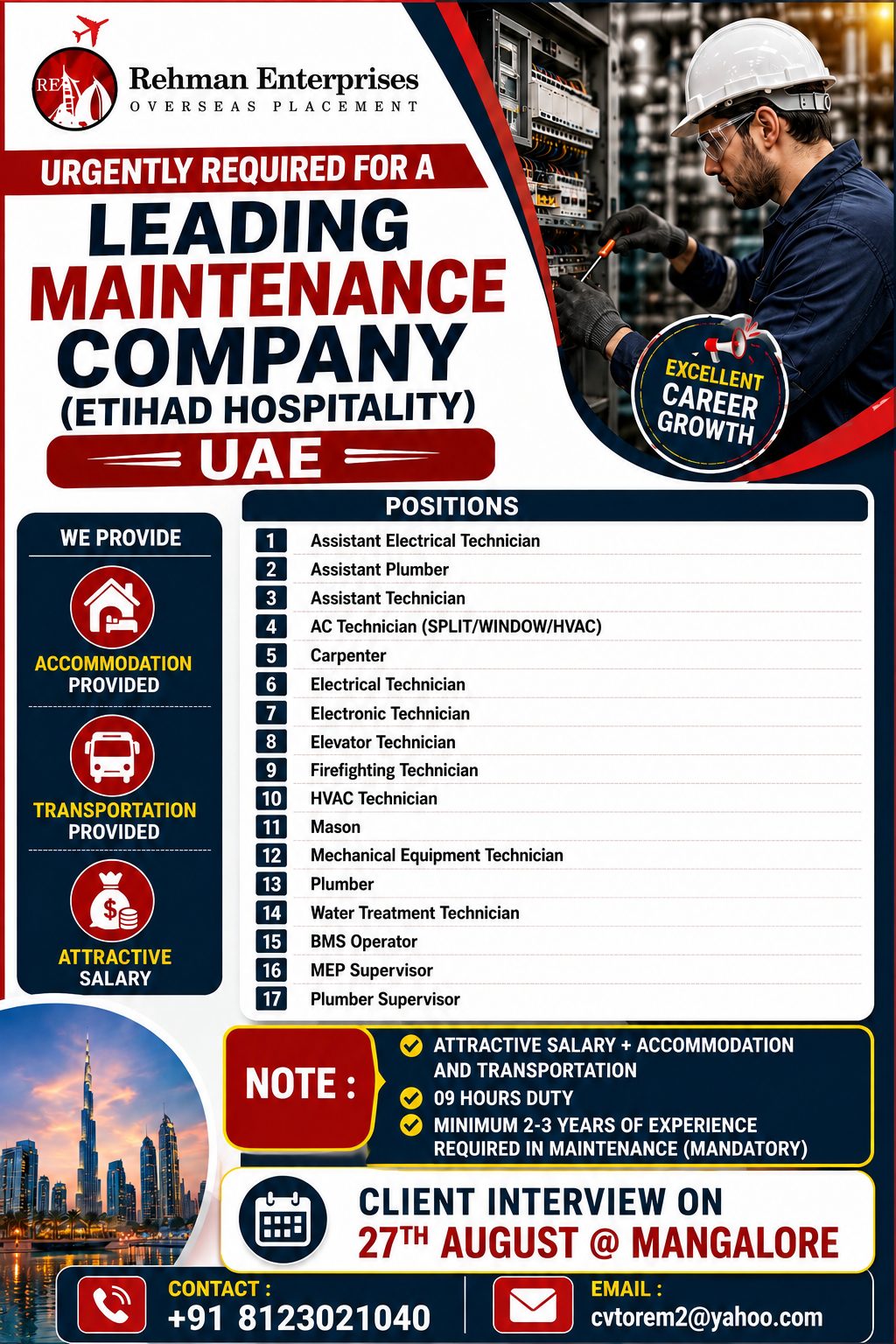 URGENTLY REQUIRED FOR A LEADING MAINTENANCE COMPANY