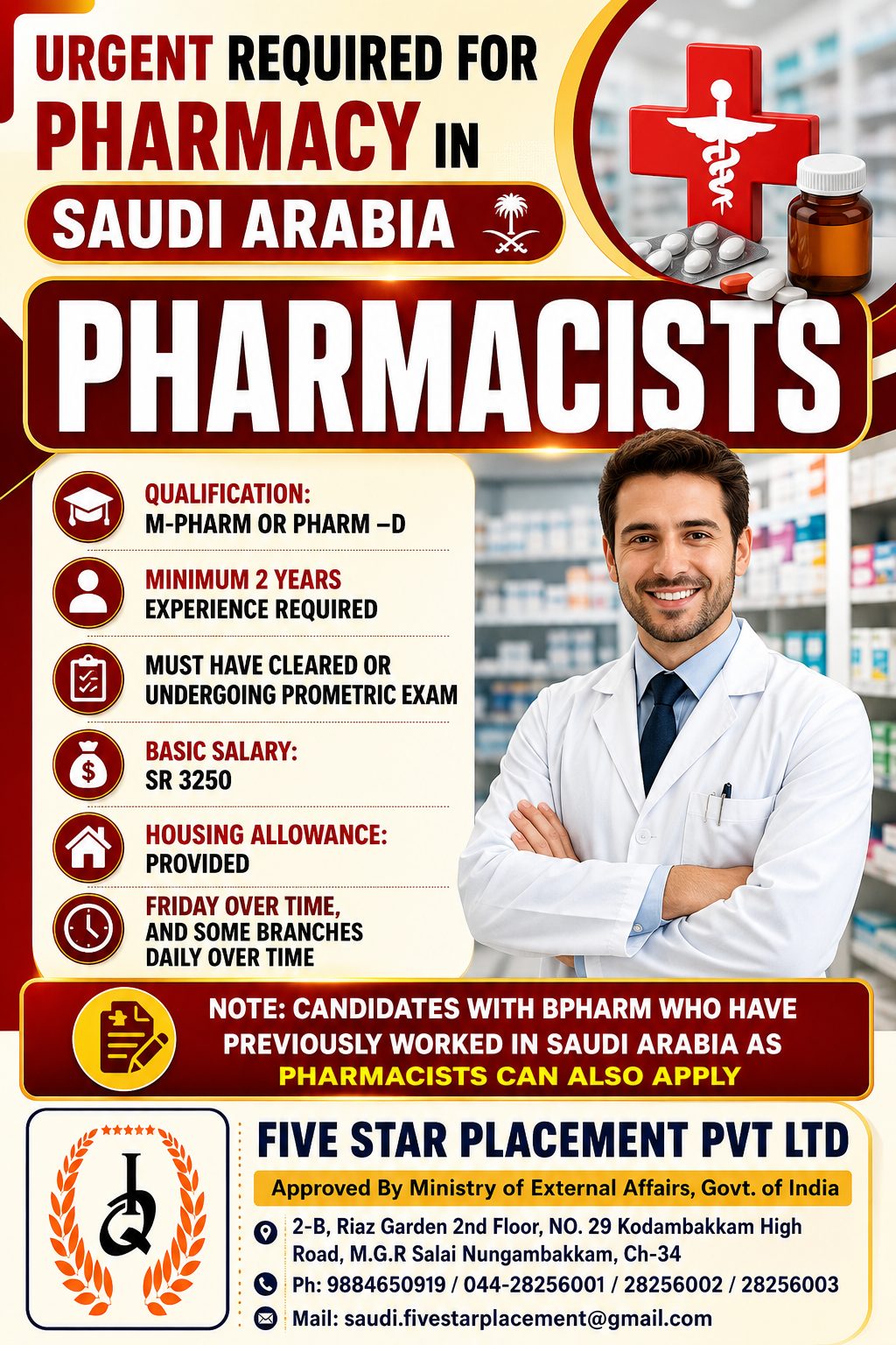 URGENT REQUIRED FOR PHARMACISTS  IN SAUDI ARABIA — Five Star Placement Pvt Ltd, SAUDI ARABIA, SAUDI ARABIA