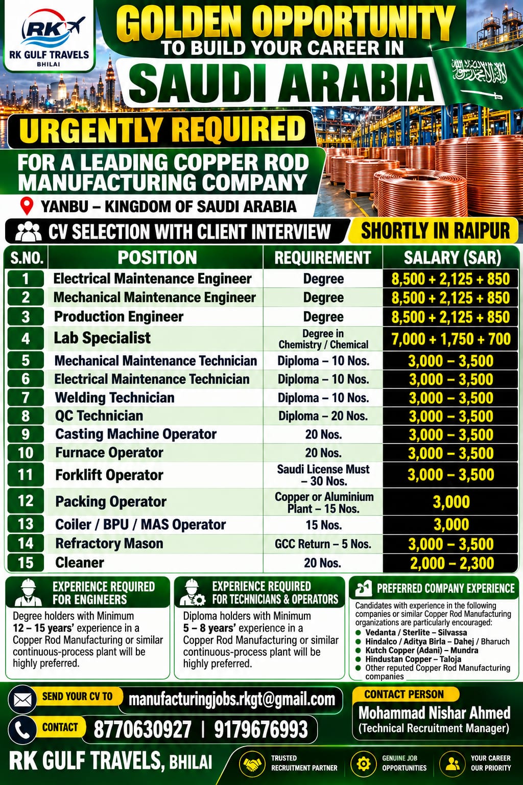 BUILD YOUR CAREER IN MANUFACTURING COMPANY IN SAUDI ARABIA. — RK GULF TRAVELS,BHILAI, SAUDI ARABIA, SAUDI ARABIA