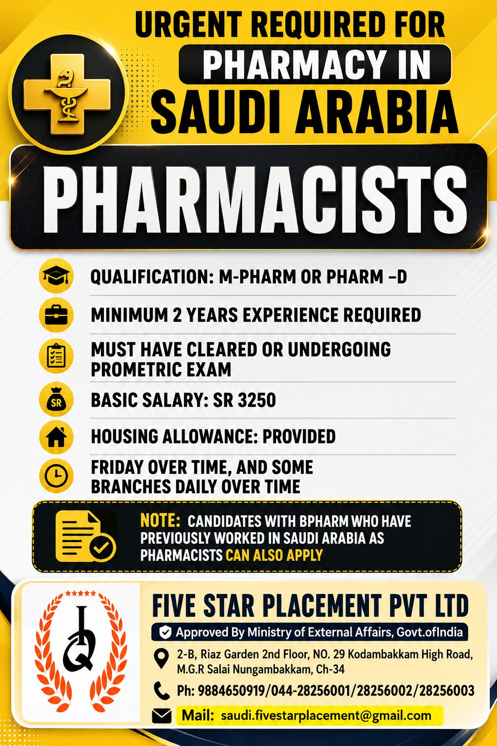 URGENT REQUIRED FOR PHARMACY IN SAUDI ARABIA — Five Star Placement Pvt Ltd, SAUDI ARABIA, SAUDI ARABIA