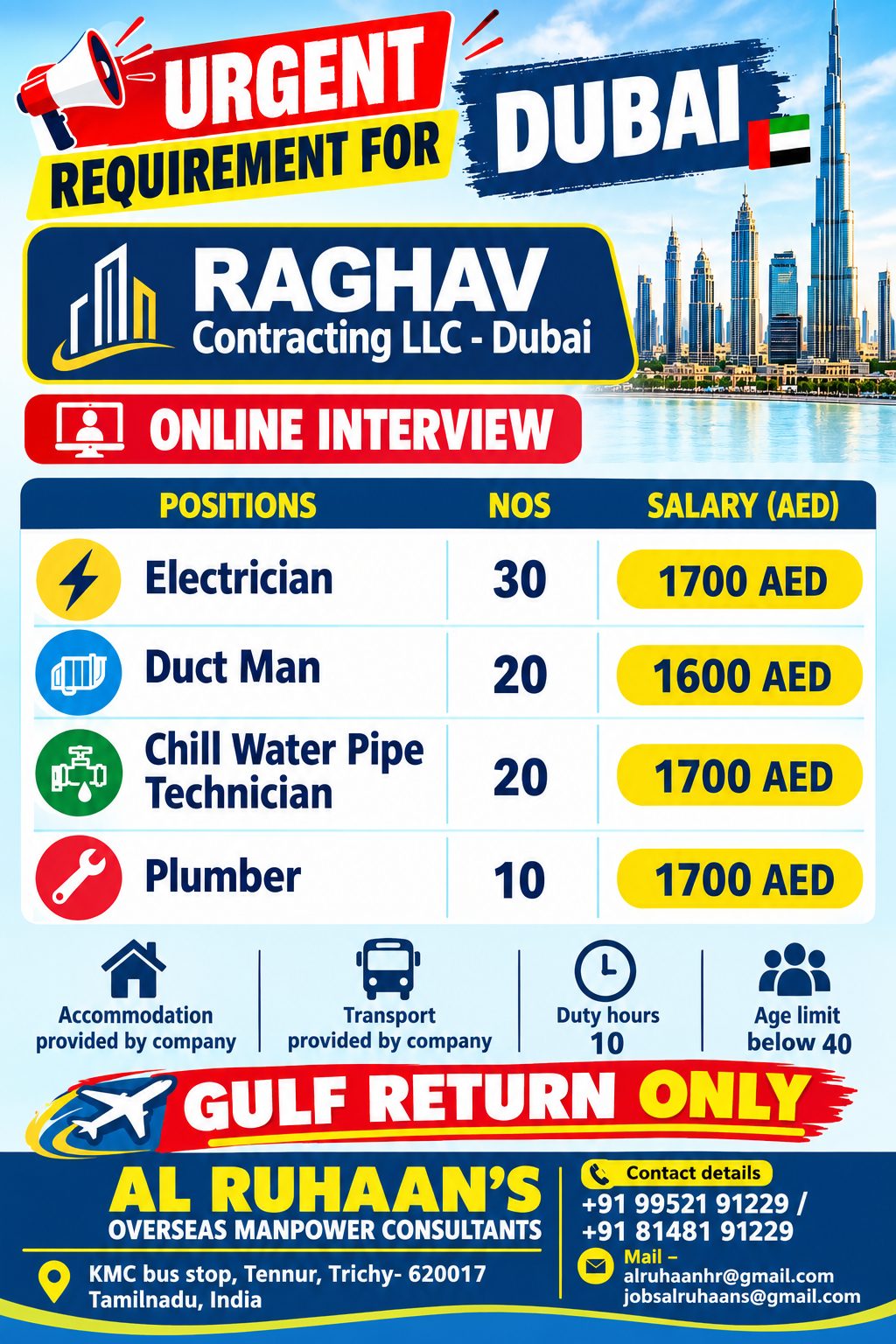 Urgent Requirement for Dubai - RAGHAV Contracting LLC
