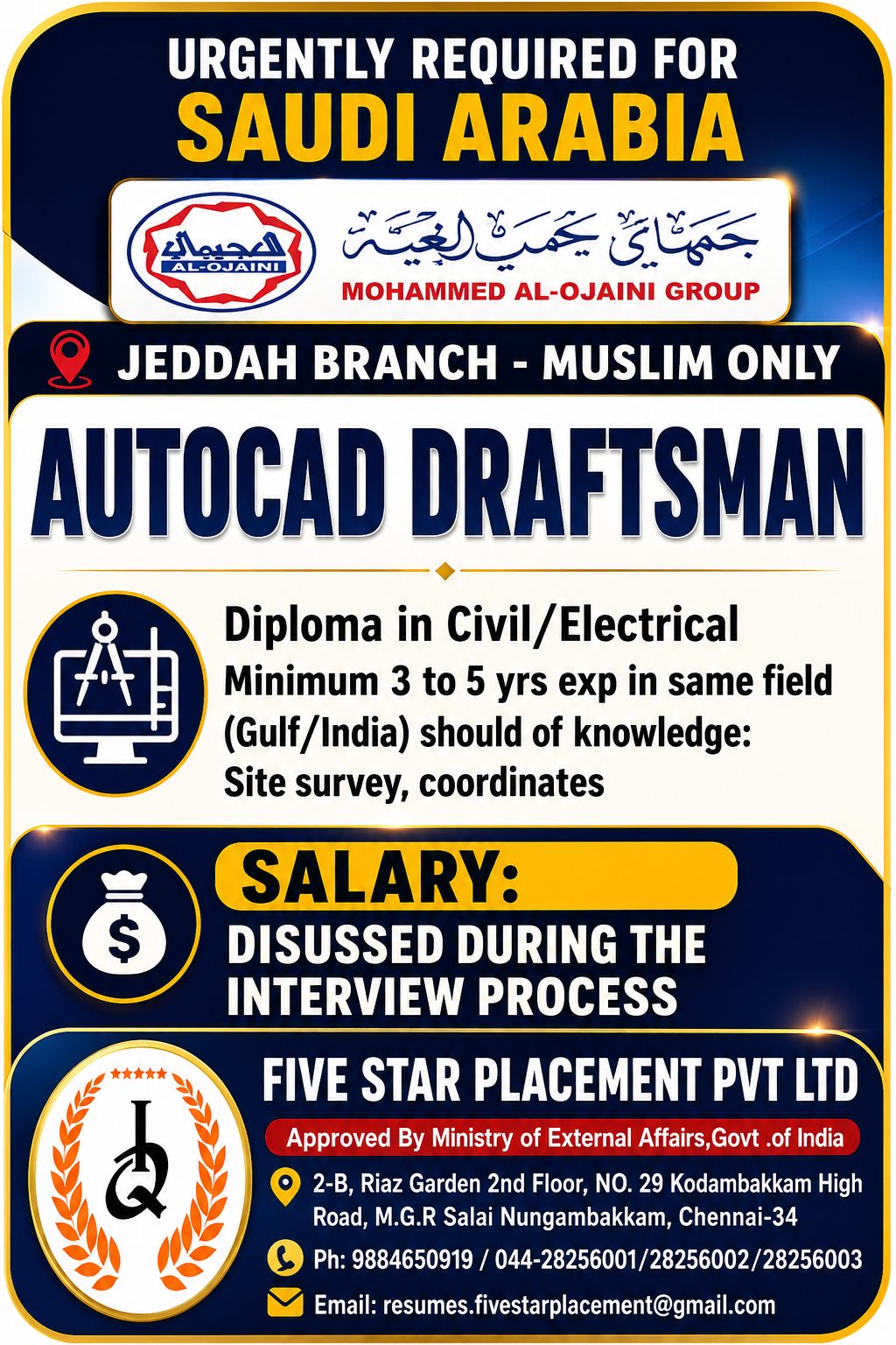 URGENTLY REQUIRED FOR SAUDI ARABIA - JEDDAH BRANCH - MUSLIM ONLY