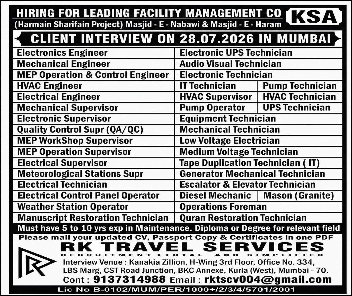 Facility Management Positions - Harmain Sharifain Project — RK Travel Services, Saudi Arabia