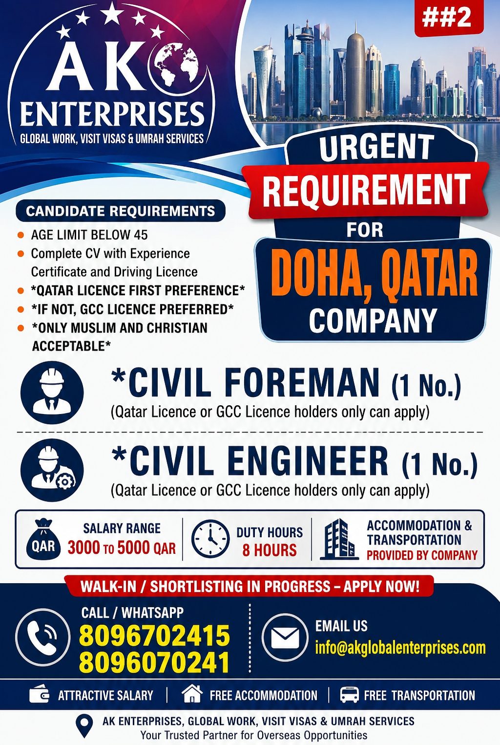 Qatar Job Requirement – Brief Points Position: Civil Foreman . Position: Civil Engineer. Location: Doha, Qatar only Qatar licence shouild apply