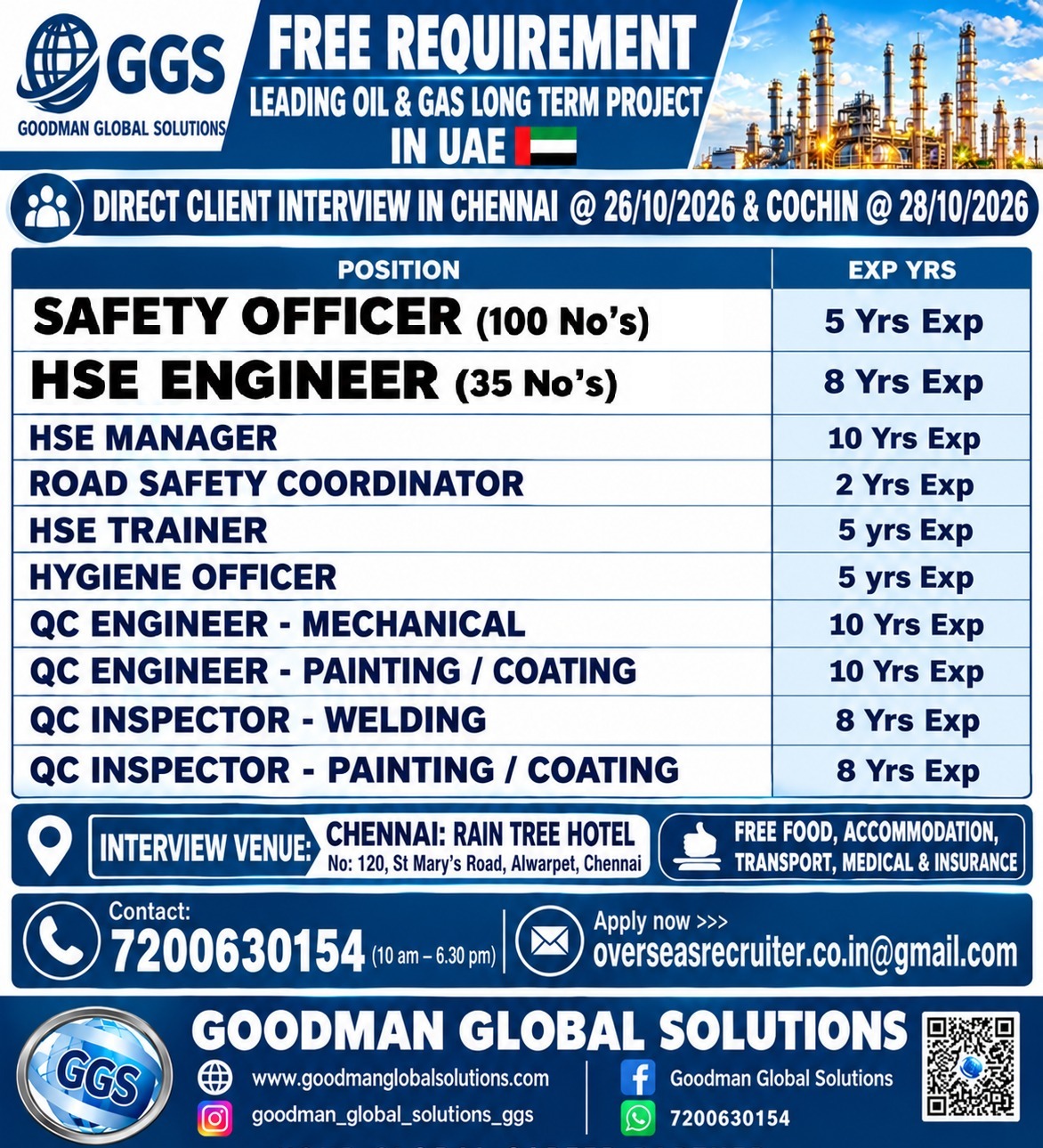 Free Requirement - HSE & QC Interview @26/10/2026 — GOODMAN GLOBAL SOLUTIONS, UAE