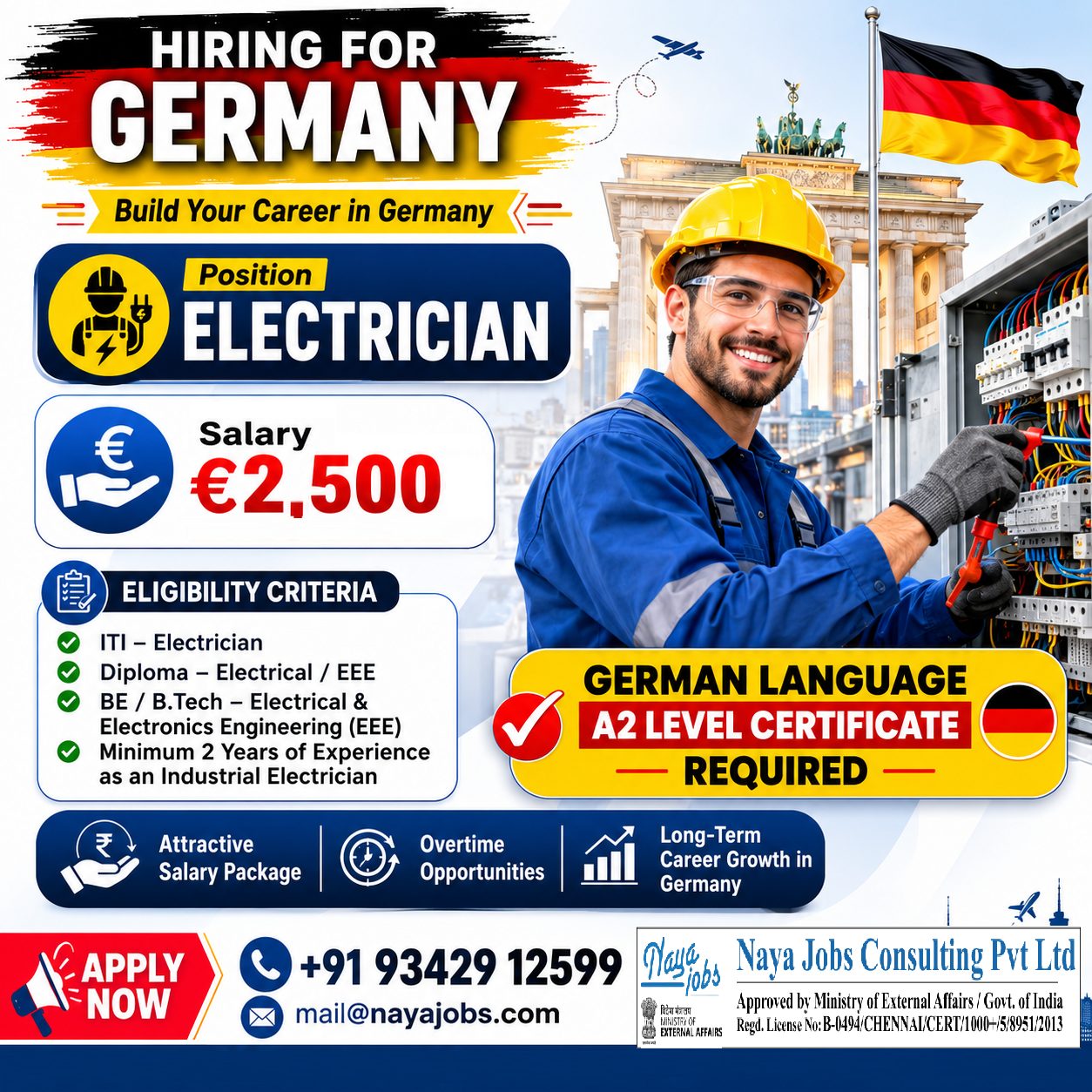 Hiring for Electrician — Naya Jobs Consulting Pvt Ltd, India