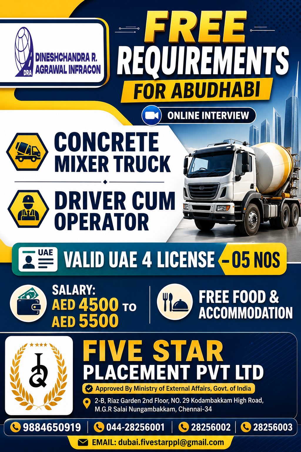 FREE REQUIREMENT FOR UAE - ABUDHABI — Five Star Placement Pvt Ltd, UAE