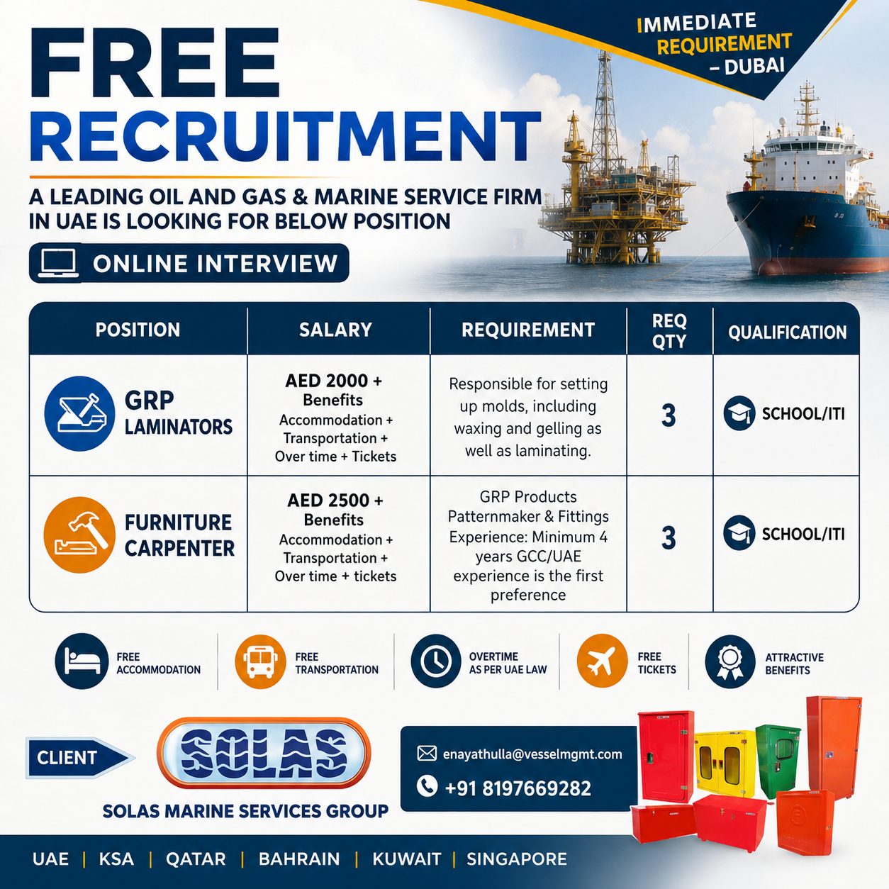 GRP Laminators &  Furniture Carpenter — VESSEL MANAGEMENT PRIVATE LIMITED, UAE, UAE