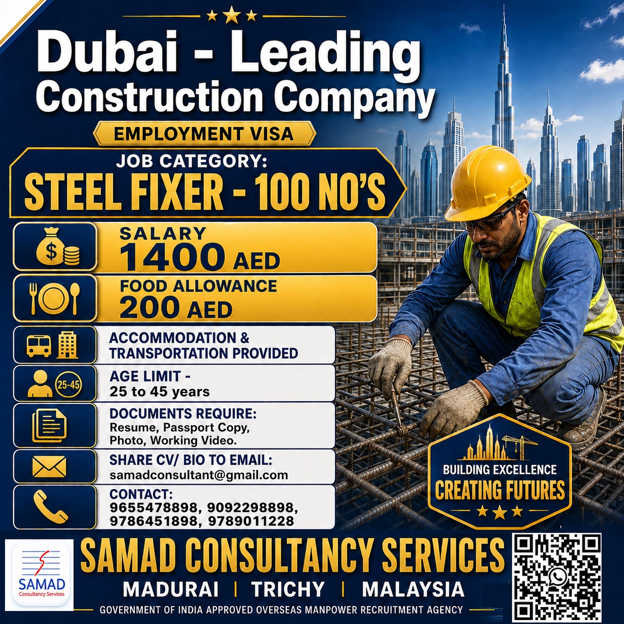 Dubai - Leading Construction Company.  Steel Fixer - 100 No's