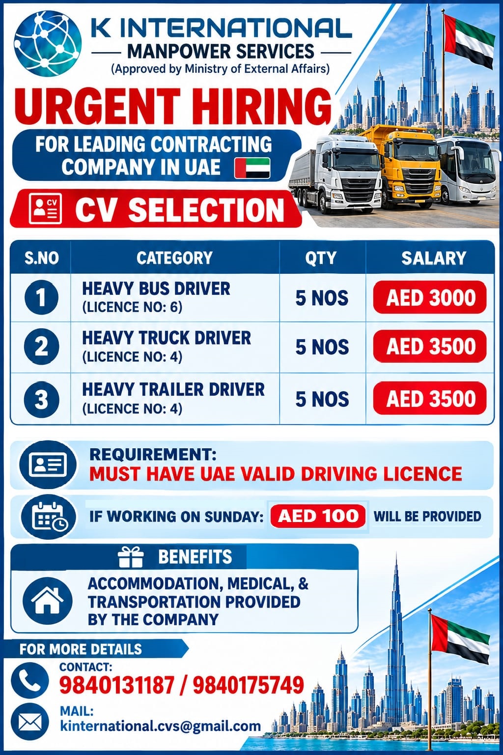Urgent Hiring for Leading Contracting Company in UAE - LIST OF DRIVERS