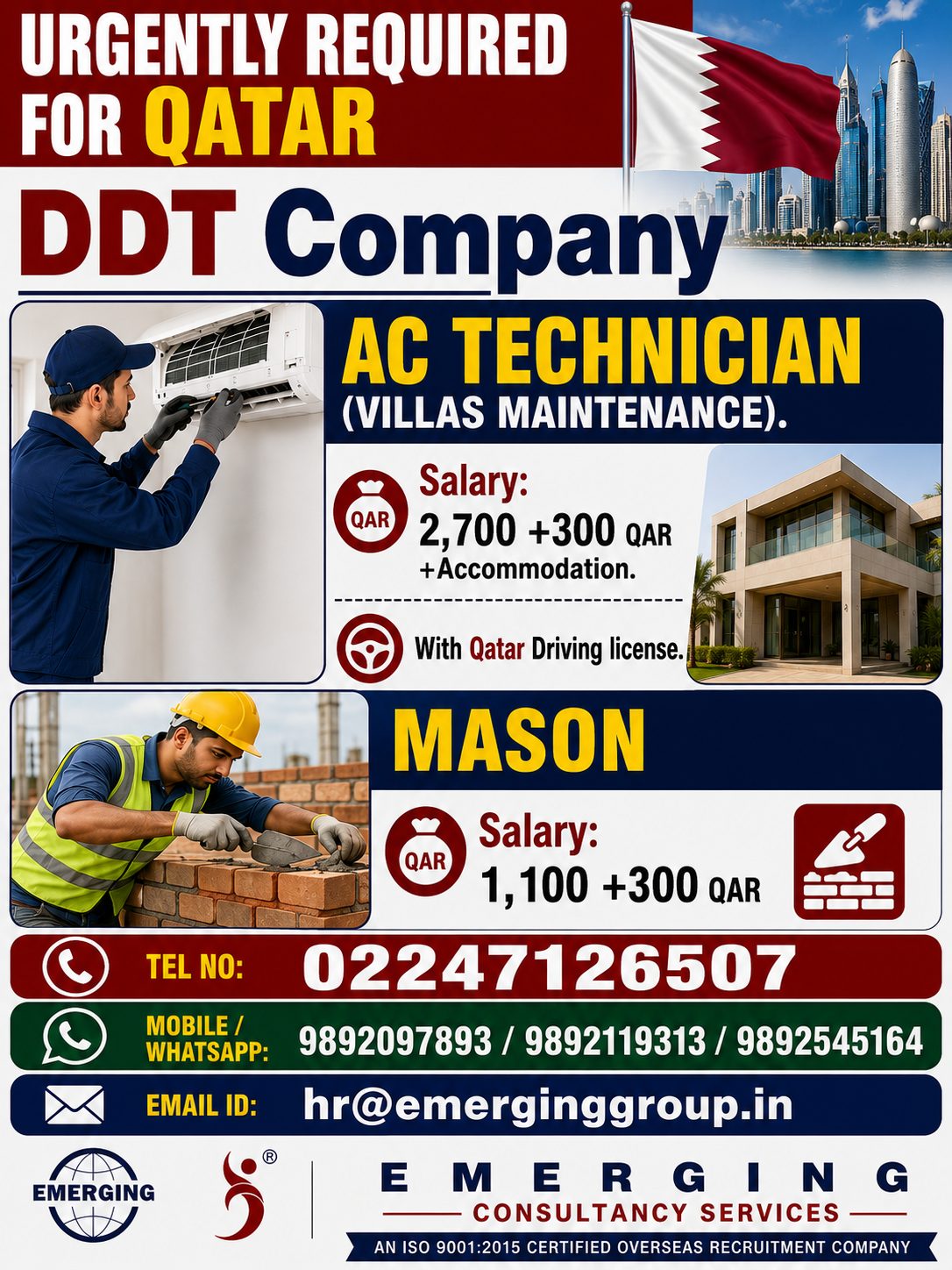 Urgent Hiring for Qatar – AC Technician (Villas Maintenance), Mason (DDT Company) — Emerging Consultancy Services, QATAR