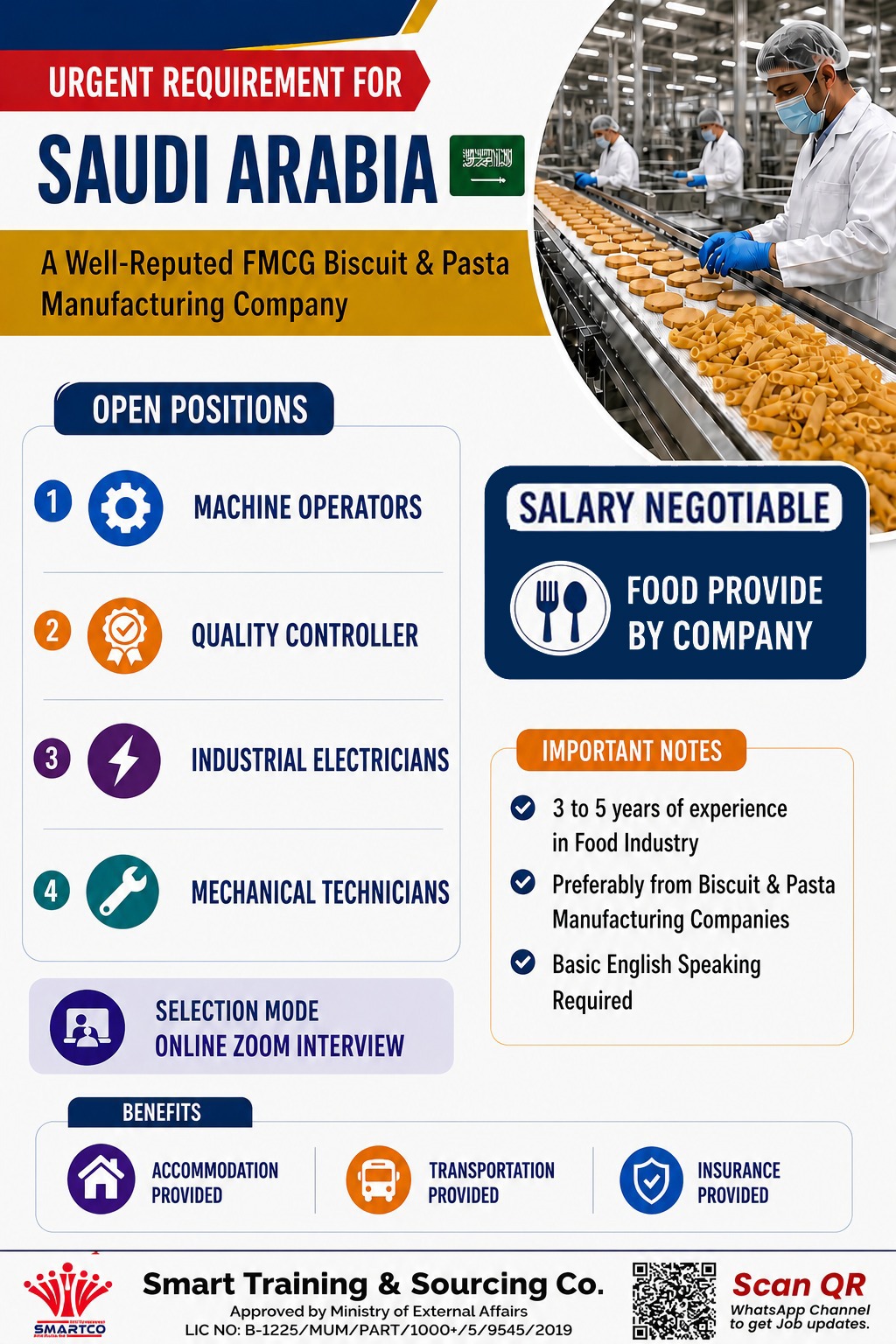 URGENT REQUIREMENT FOR SAUDI ARABIA 🇸🇦  🏭 A Well-Reputed FMCG Biscuit & Pasta Manufacturing Company — Smart Training &amp; Sourcing Co, SAUDI ARABIA, SAUDI ARABIA