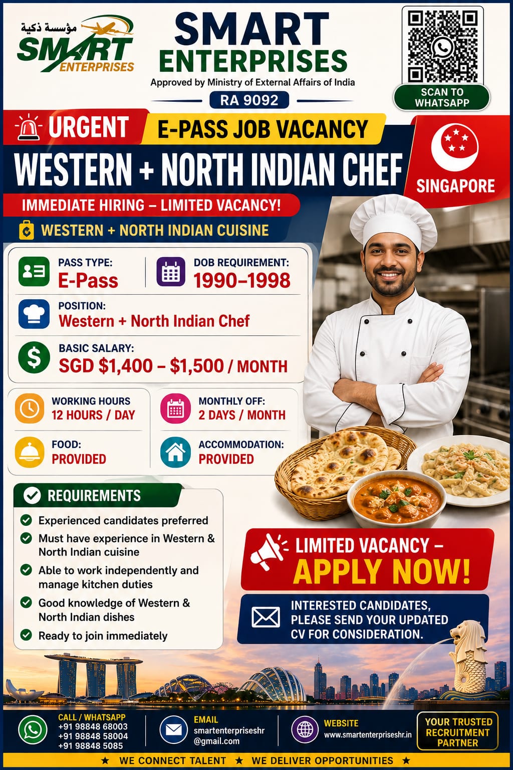WESTERN + NORTH INDIAN CHEF — smartenterpriseshr@gmail.com, SINGAPORE, SINGAPORE