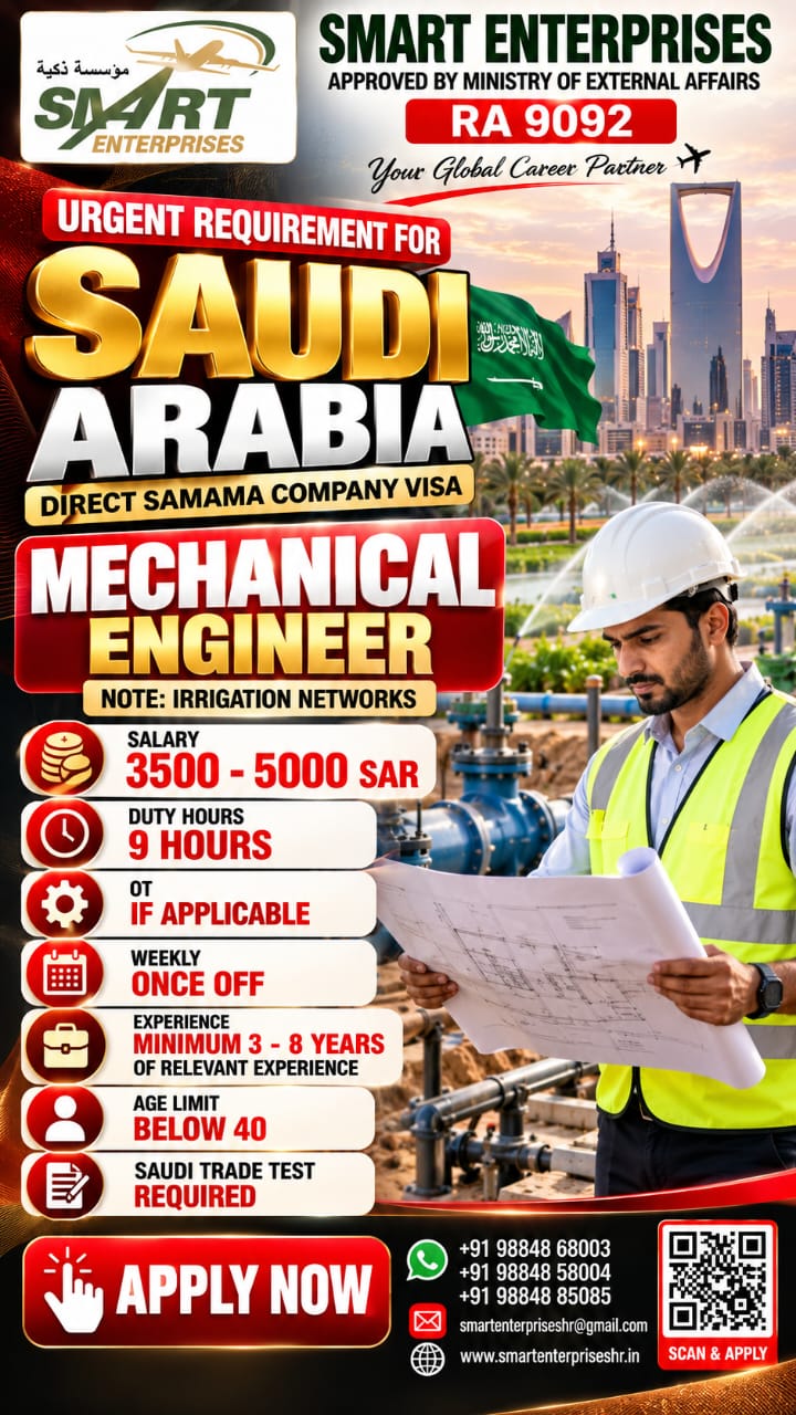 SAUDI ARABIA REQUIRES MECHANICAL ENGINEER — smartenterpriseshr@gmail.com, SAUDI ARABIA