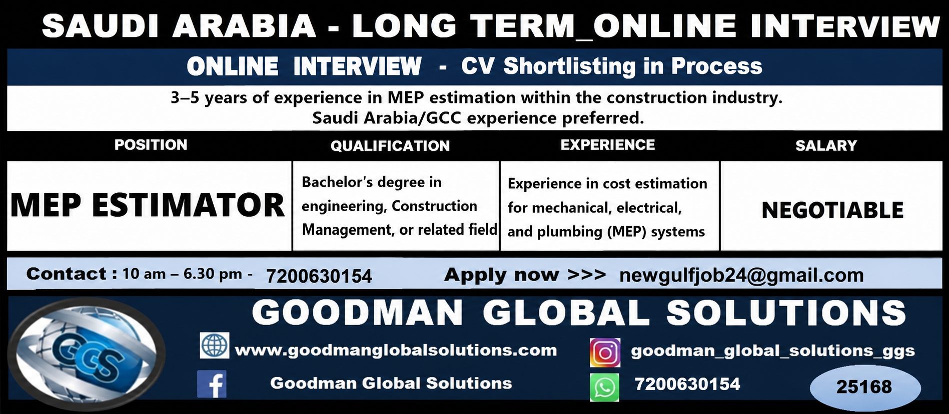 SAUDI ARABIA -  MEP PROJECT - LONG TERM CV  SELECTION FOLLOWED BY ONLINE INTERVIEW — GOODMAN GLOBAL SOLUTIONS, saudi arabia, saudi arabia
