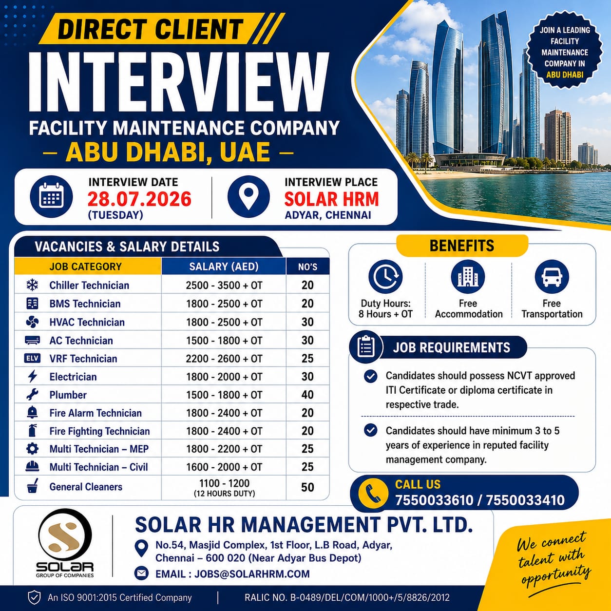 Chiller Technician, HVAC Technician, AC Technician, Electrician, BMS Technician, VRF Technician, Plumber, Fire Fighting Technician, Fire Alarm Technician, Multi Technician - MEP, Multi Technician - Civil, Cleaners — SOLAR H.R. MANAGEMENT PVT. LTD, UAE, UAE